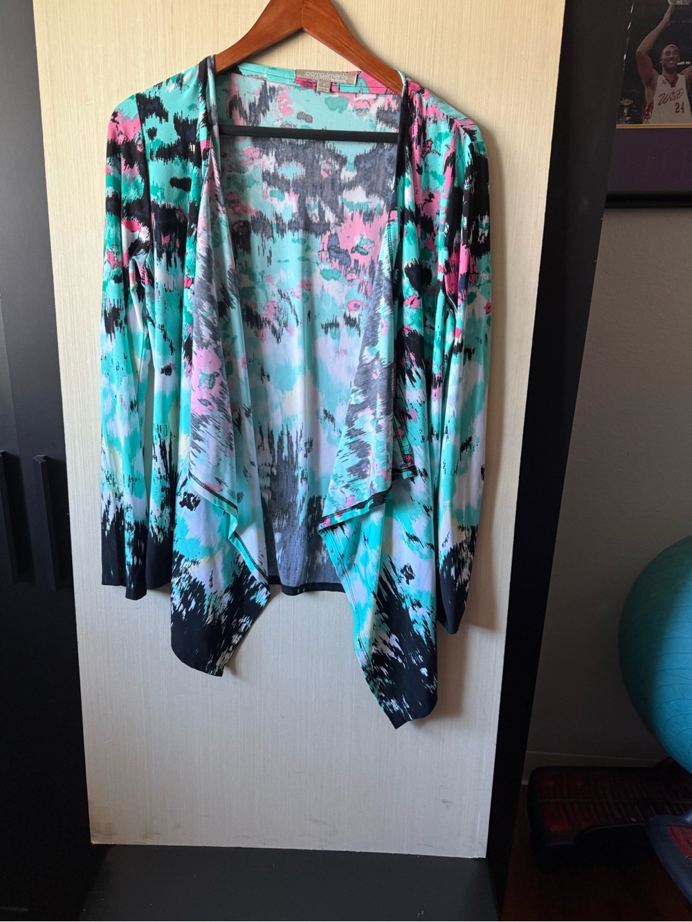 Lightweight Open-Front Watercolor Print Cardigan - Aqua Pink